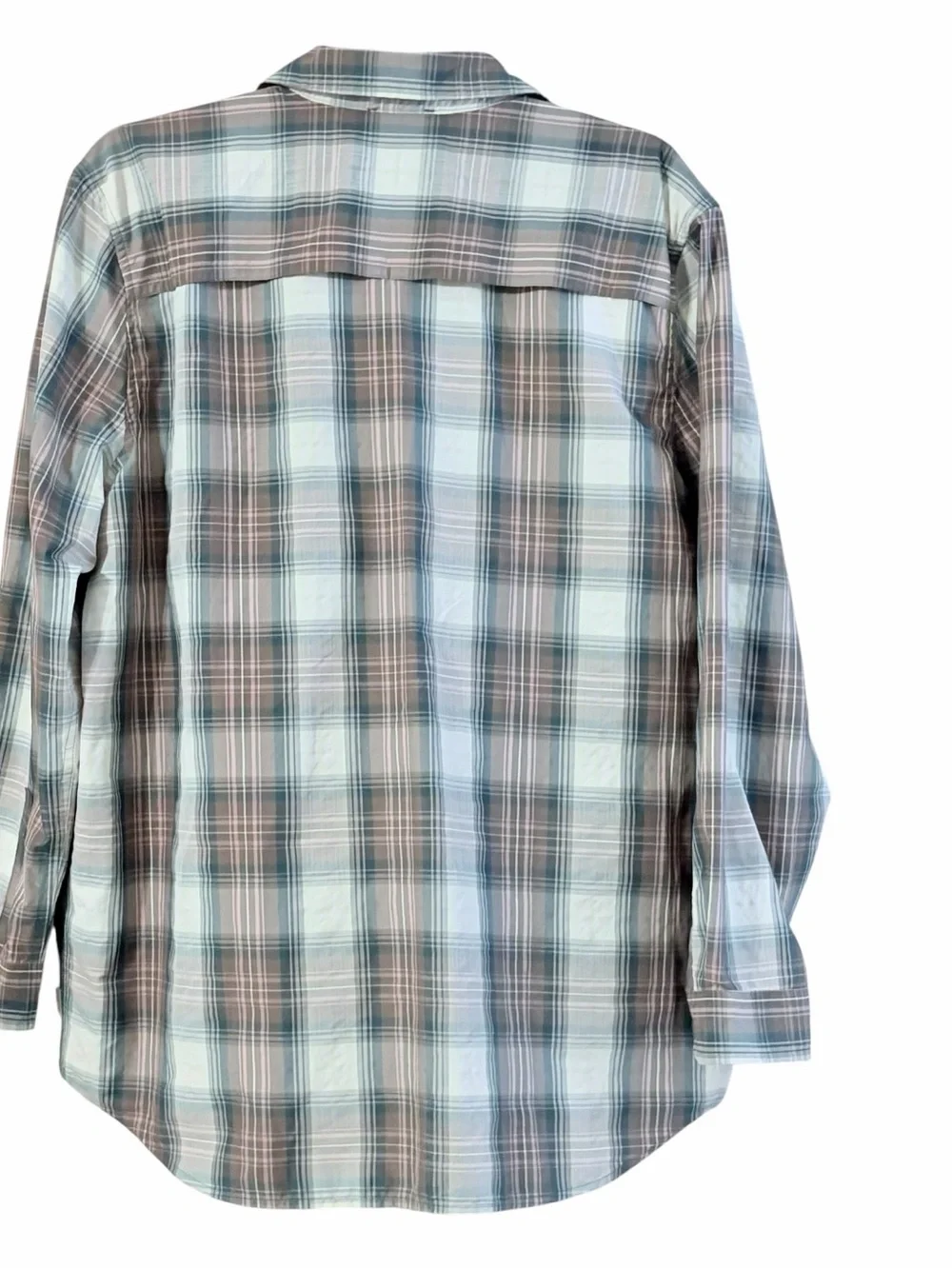 Eddie Bauer Plaid Button‎ Down Shirt Women's Large Blue Gray Long Sleeve Hiking